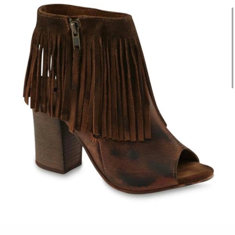 Diba True Cognac Brown Leather Fringe Peep Toe Bootie 8